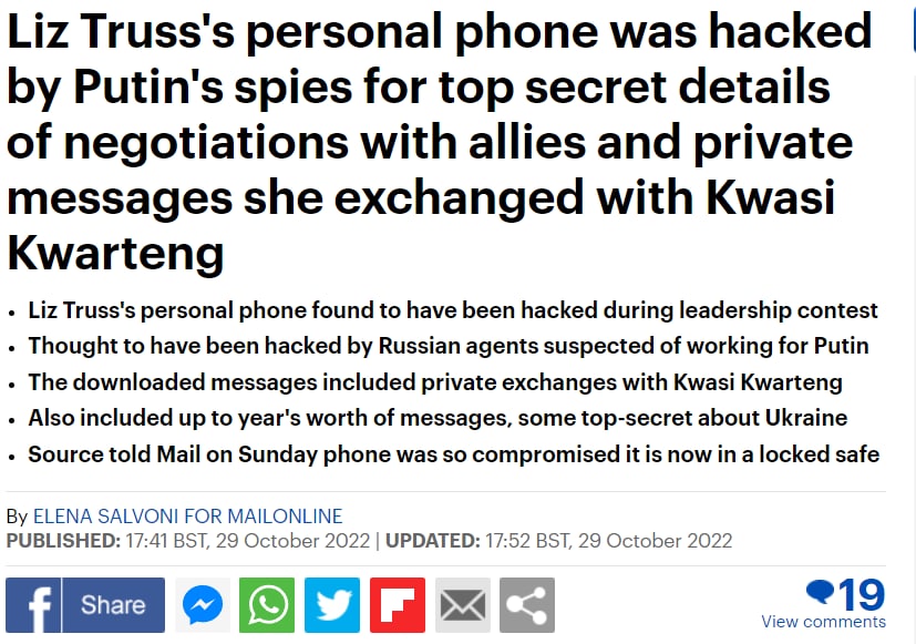 Daily Mail: личный телефон Лиз Трасс был взломан «путинскими шпионами»