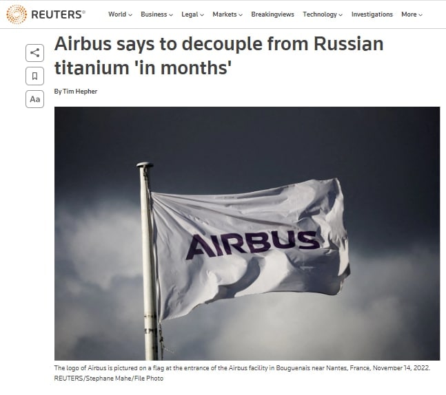 Компания Airbus откажется от российского титана через несколько месяцев