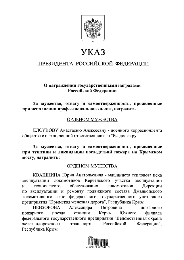 Путин наградил военкора Readovka Анастасию Елсукову орденом мужества