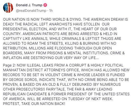 Дональд Трамп заявил, что он будет задержан 21 марта 2023 года