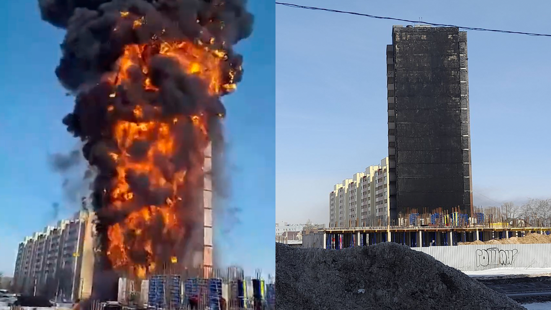 В Твери загорелся многоэтажный строящийся дом