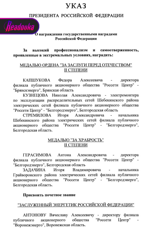 Путин наградил сотрудников «Россетей» за мужество в приграничных регионах