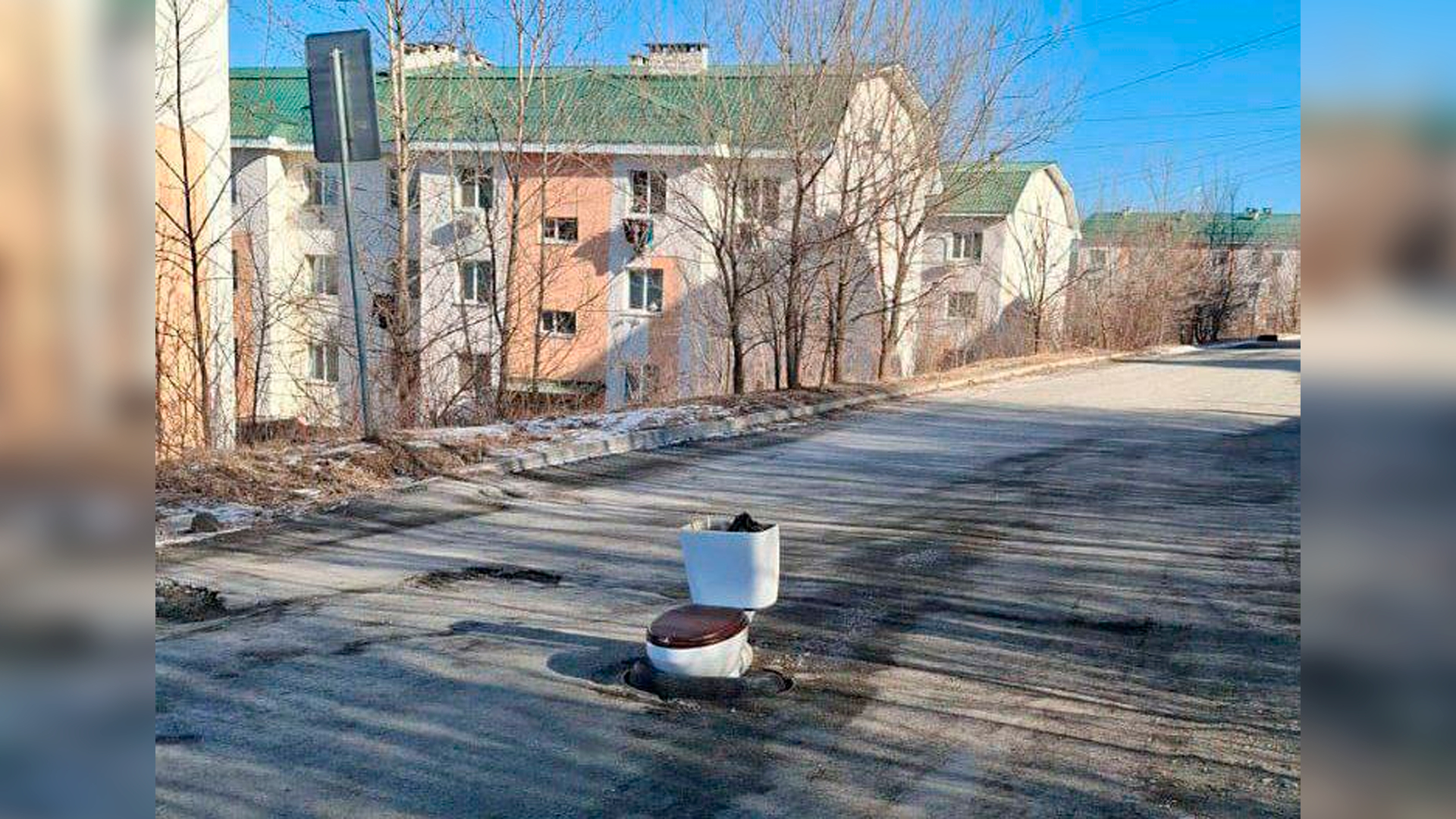 Жители Приморья установили унитаз на месте открытого коллектора на дороге