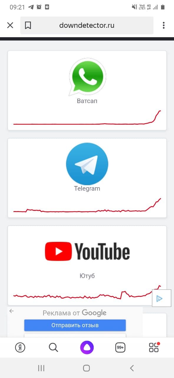 Возникли проблемы в работе WhatsApp, YouTube и Telegram