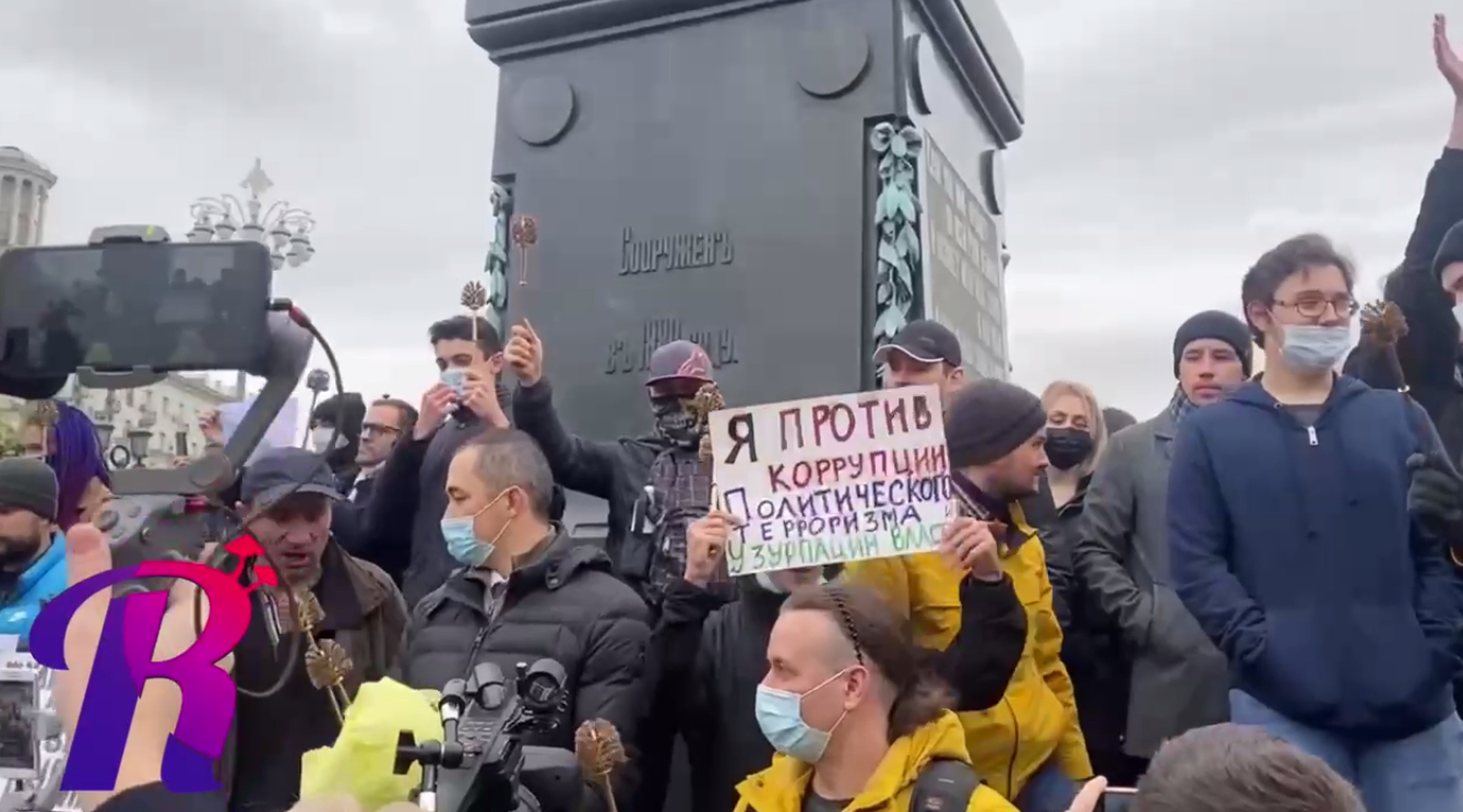 У памятника Пушкину выстроились участники акции с золотыми туалетными ершиками