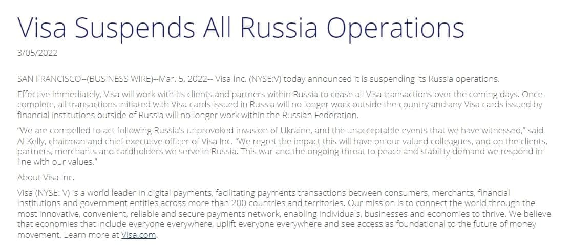 Visa планирует остановить все транзакции на территории России