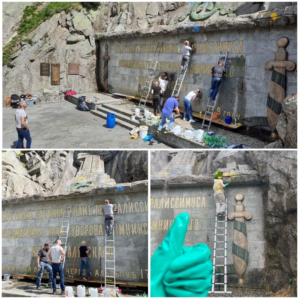 Швейцарцы отмыли оскверненный украинской символикой памятник Суворову в Альпах